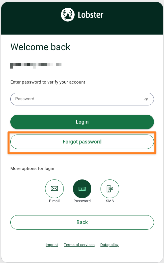 Login page for Lobster with options for password recovery and alternative login methods.